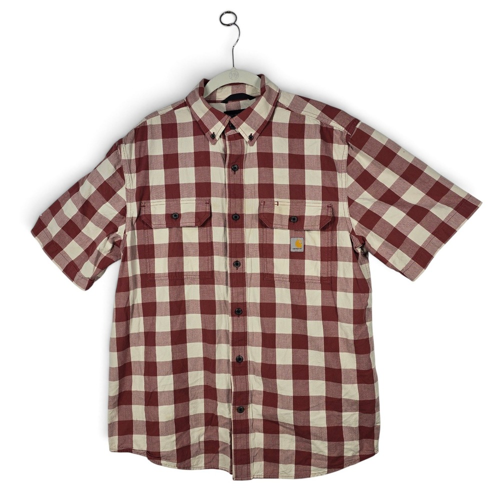 Carhartt Shirt Mens Medium Loose Fit  Burgundy Plaid Short Sleeve Cotton Work